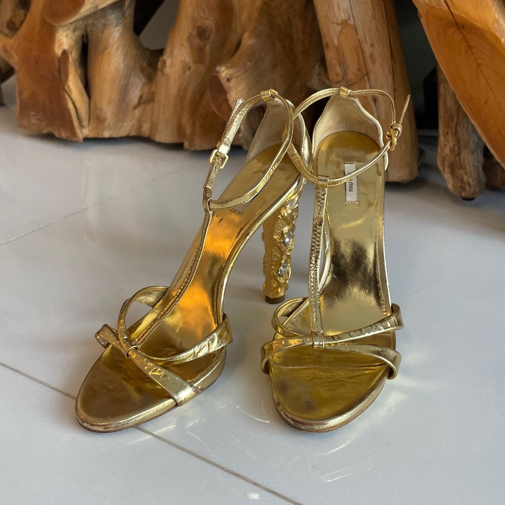 Miu Miu Gold T-Strap Heels